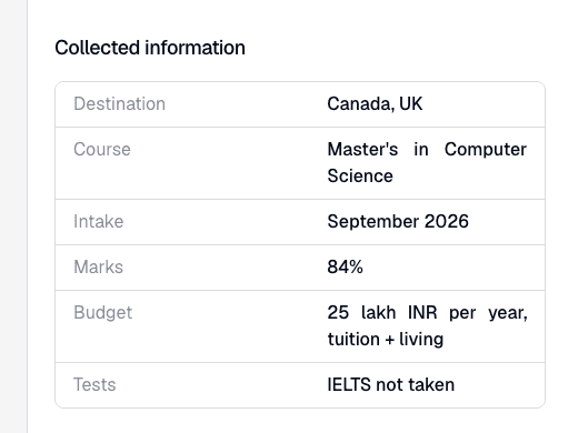 Collected study-abroad answers, with marks stored as 84 percent
